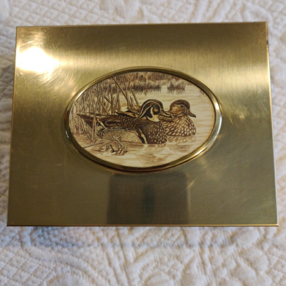 Cigarette Box Vintage Retro Desk Table Top Footed  Copper with Etched Duck Inlay